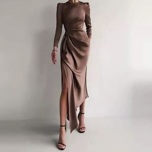 Chocolate Brown Satin Dress Long Sleeve Gown Side Slit Long Sleeve Size L